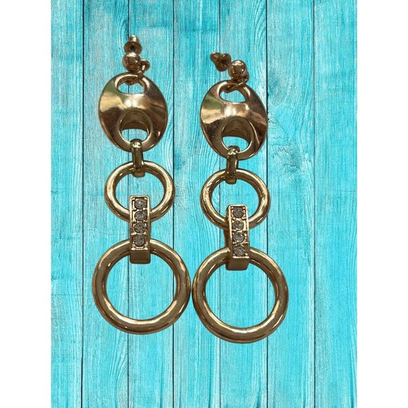 Gold Tone Link Dangle Earrings Crystals Pierced 3" long Graduated Circles - Picture 1 of 3